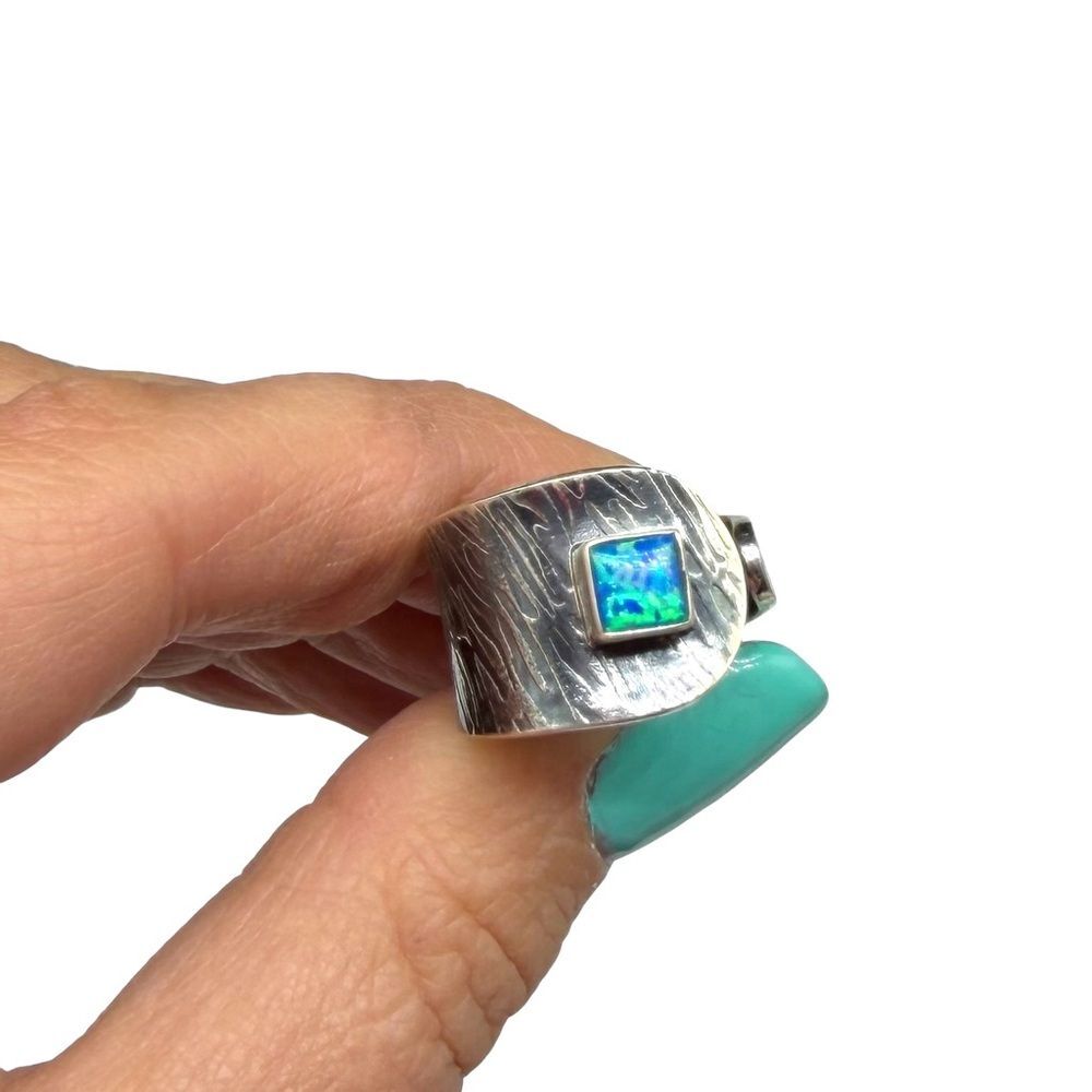Blue Fire Opal Ring Adjustable 7 7.5 Solid 925 Sterling Silver Wide Band - Picture 4 of 7